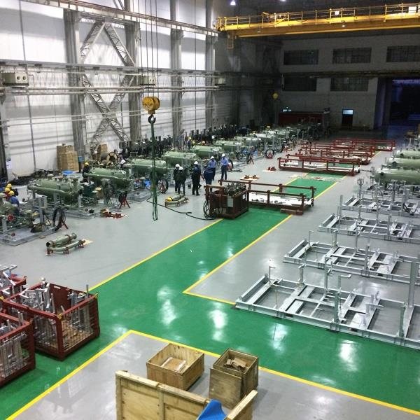 Fabrication workshop floor with assemblies in progress